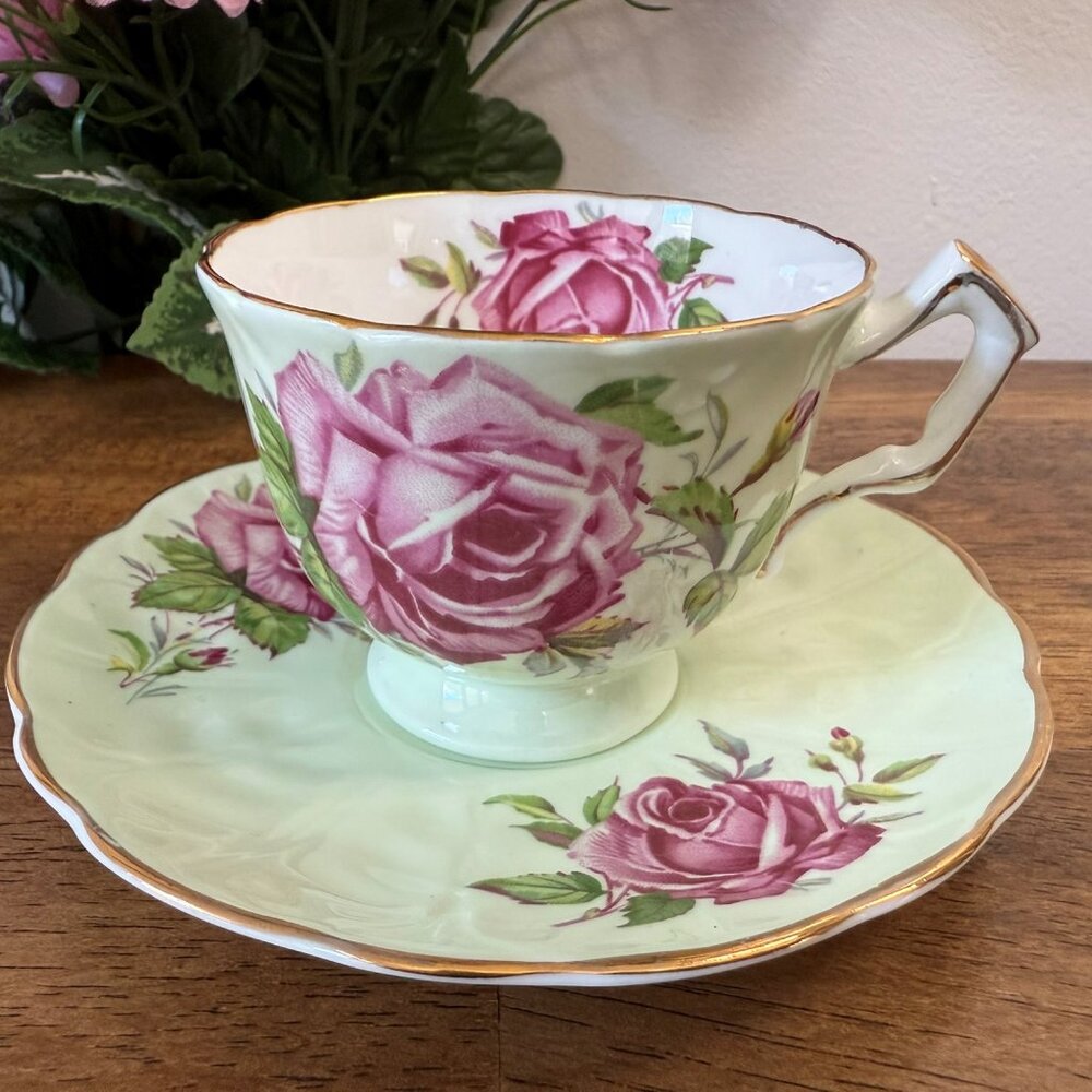 Aynsley Pink Cabbage Rose Teacup and Saucer Bone China England Green Gold Floral